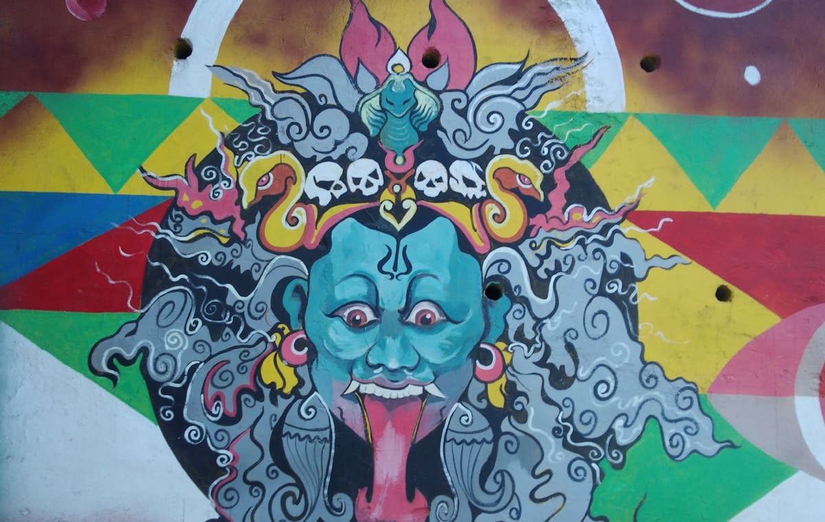 Contemporary painting blending Buddhist thangka with pop art