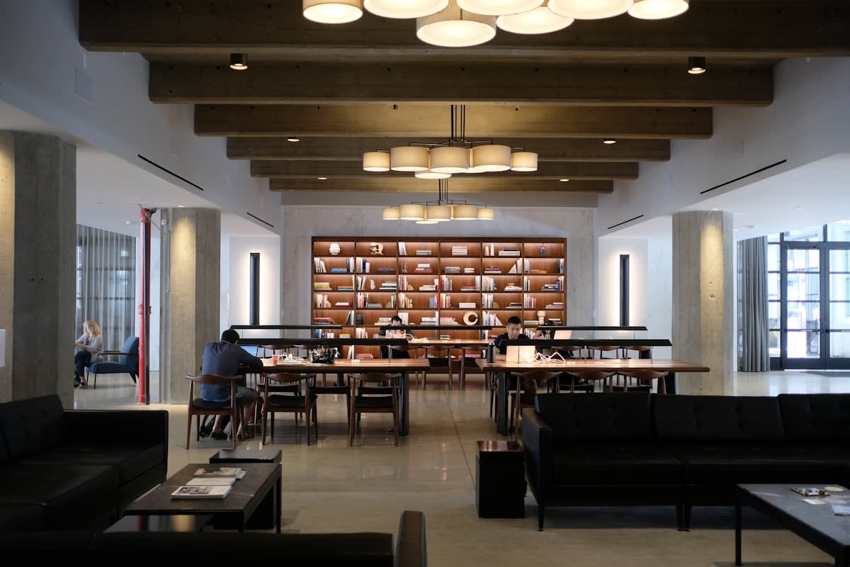 Modern library or study space with diverse students