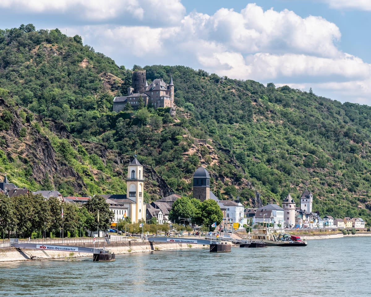 Low water levels in the Rhine river with industrial barges