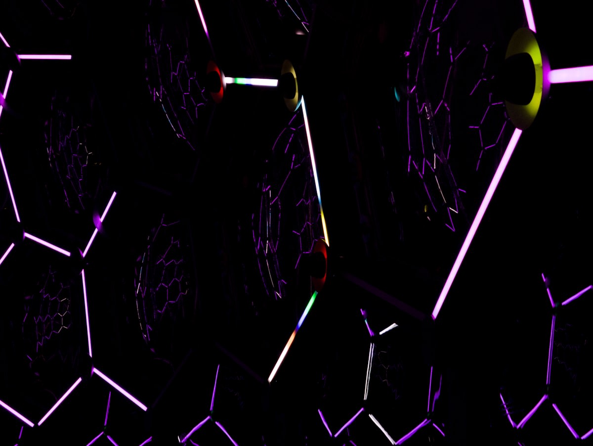 Abstract representation of molecular structures being designed on a digital screen