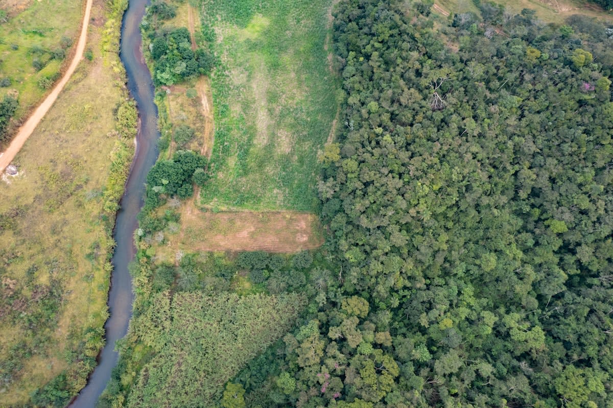 Aerial view of drought-stricken tropical farmland in Brazil