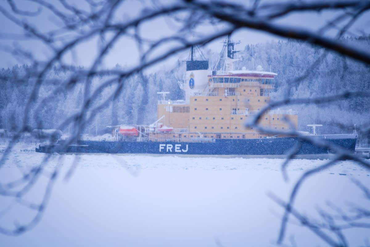 Arctic icebreaker ship in frozen sea