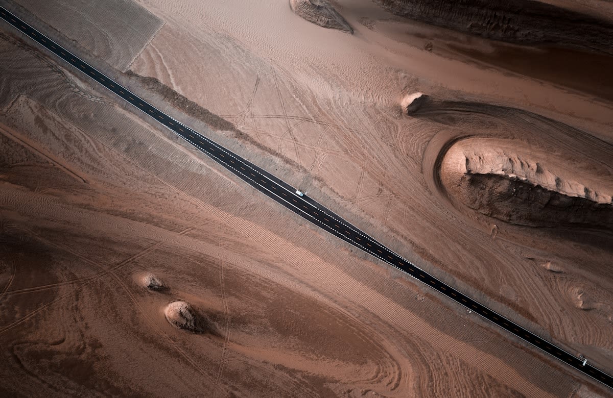 Aerial view of a massive oil pipeline crossing a desert landscape