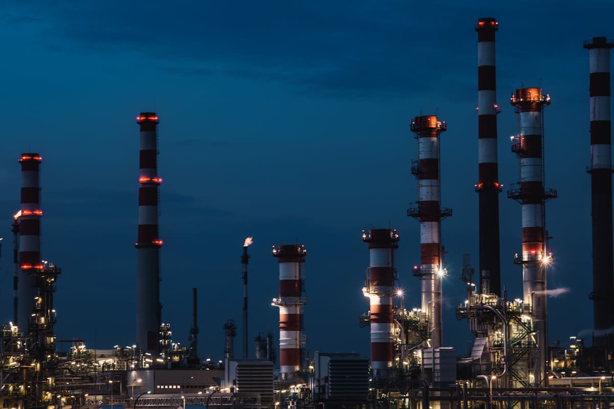 Industrial oil refinery at dusk