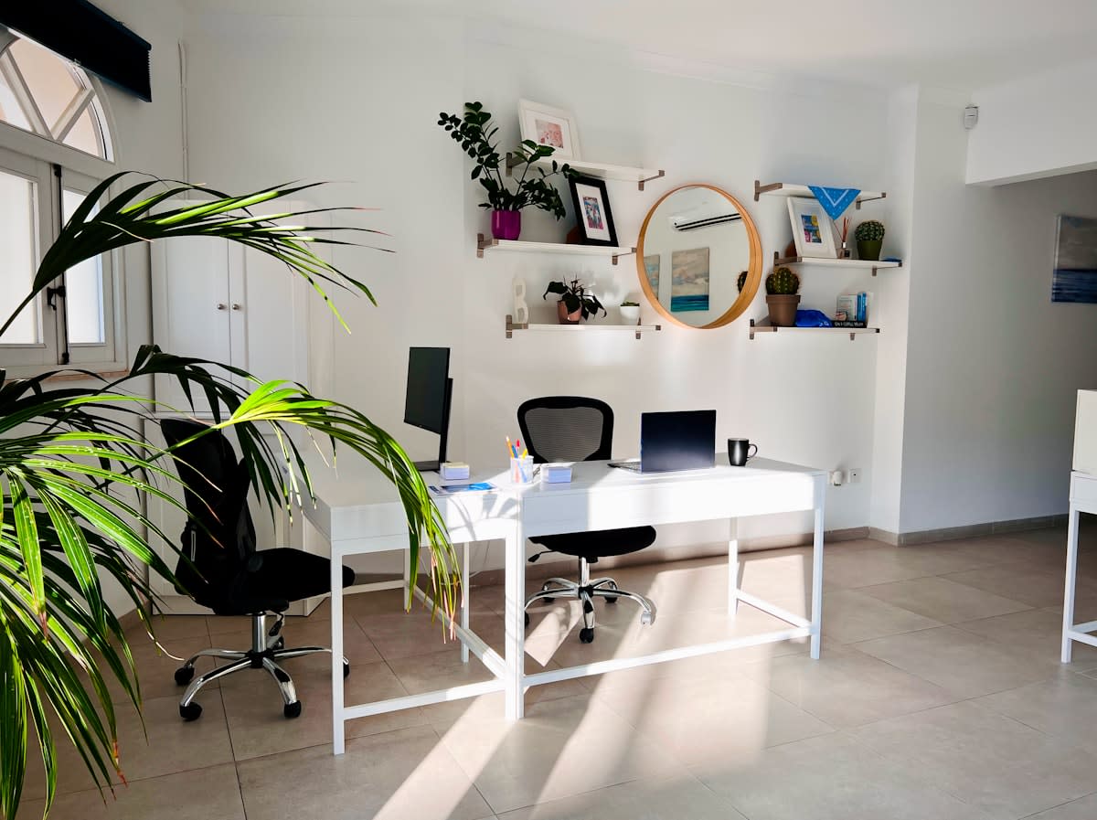 A clean, organized workspace with a notebook and a plant