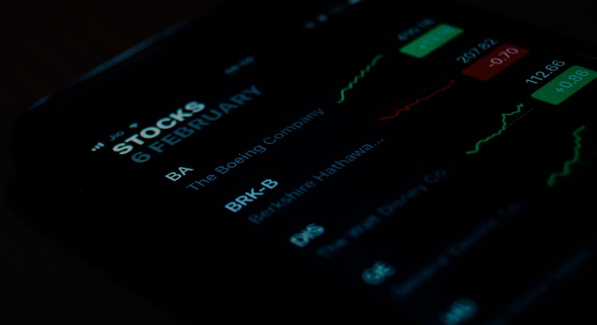 Close up of a stock trading app on a smartphone with red and green candles
