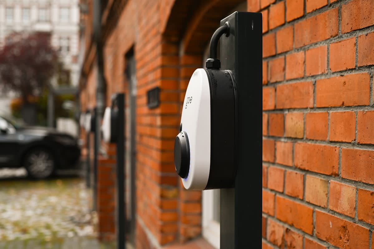 Electric vehicle charging station in a modern European city
