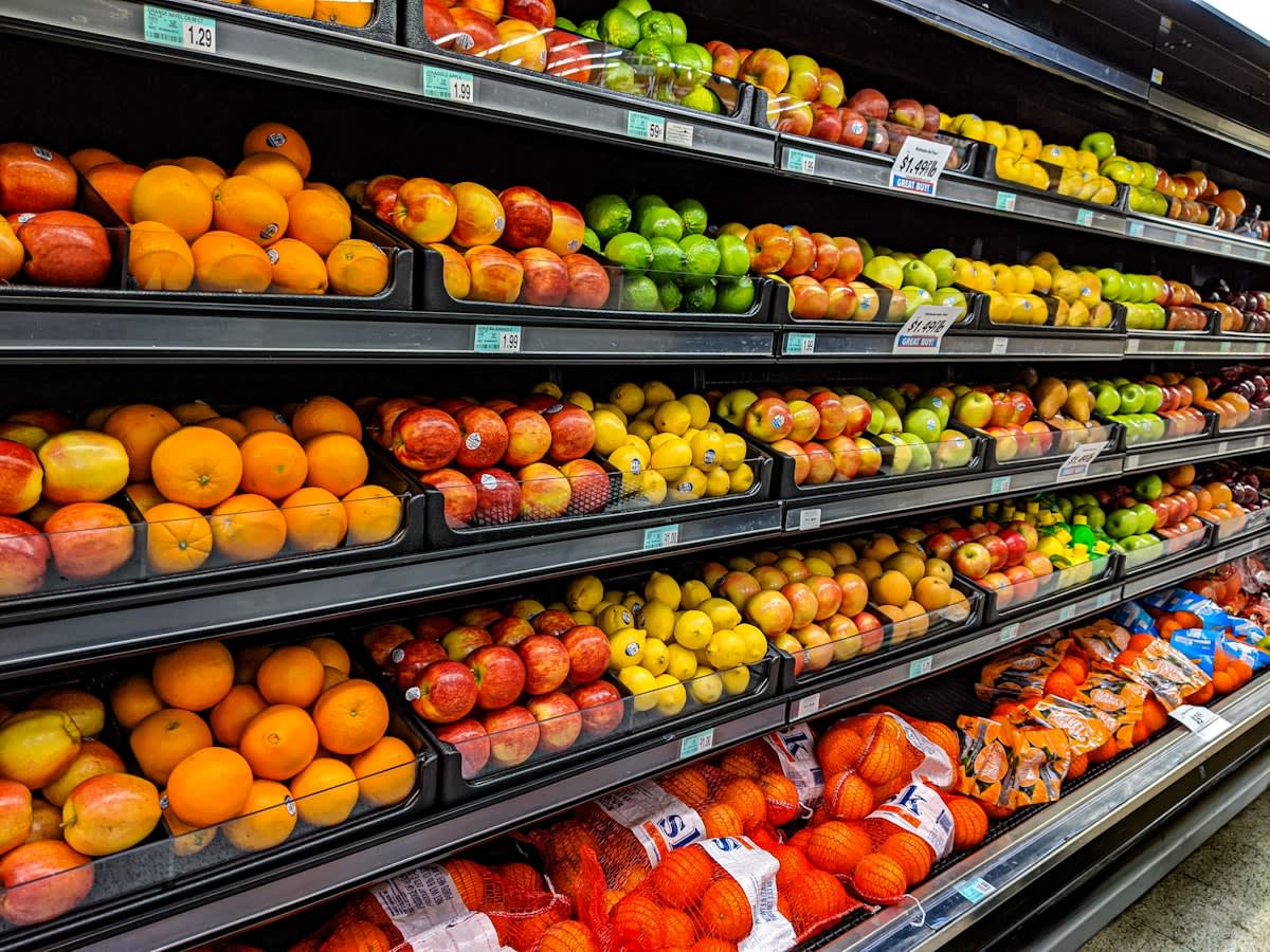 Fresh produce and high protein foods in a modern grocery store
