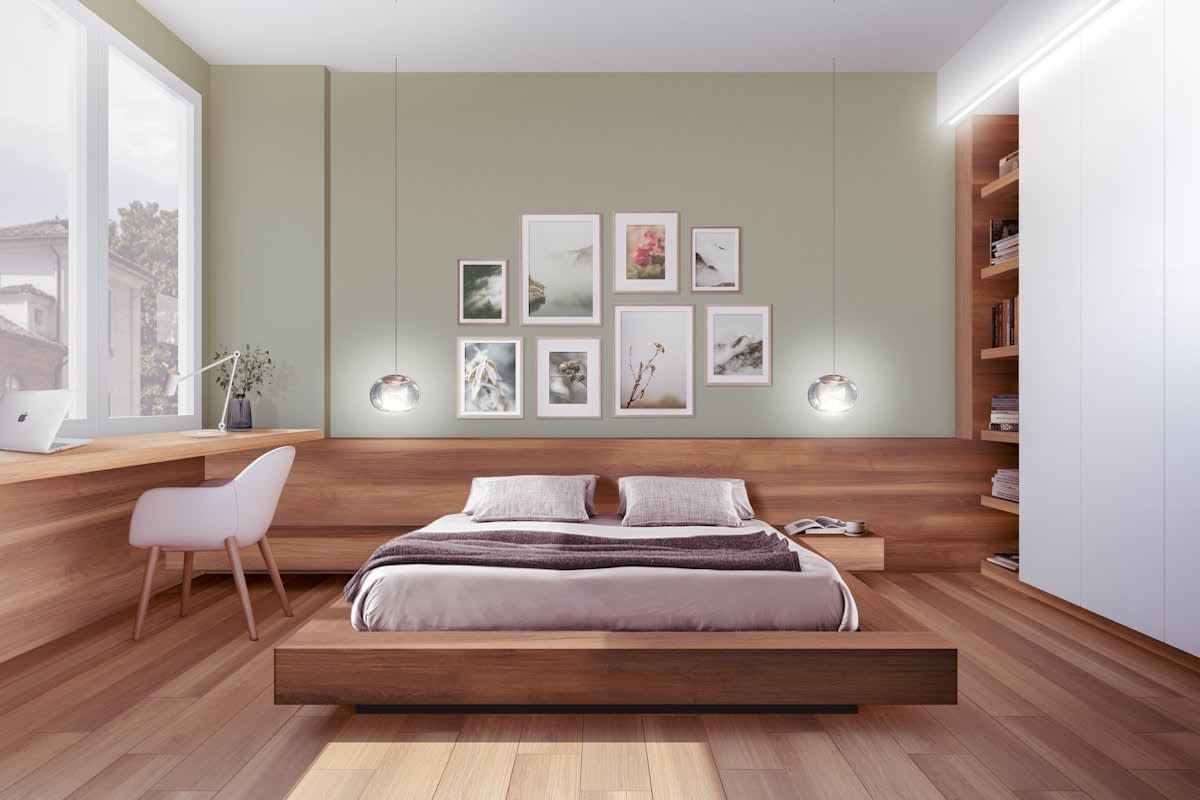 A minimalist bedroom with soft morning light