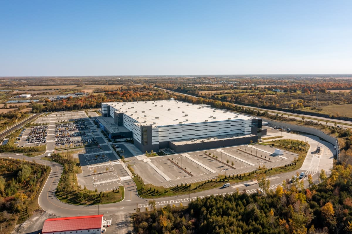 Aerial view of a massive hyperscale data center complex