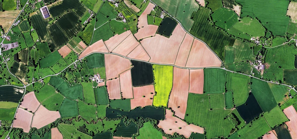 Aerial view of a diversified circular farm layout