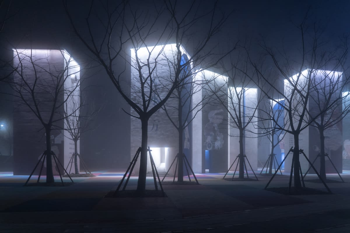 Futuristic bioluminescent city street with glowing trees