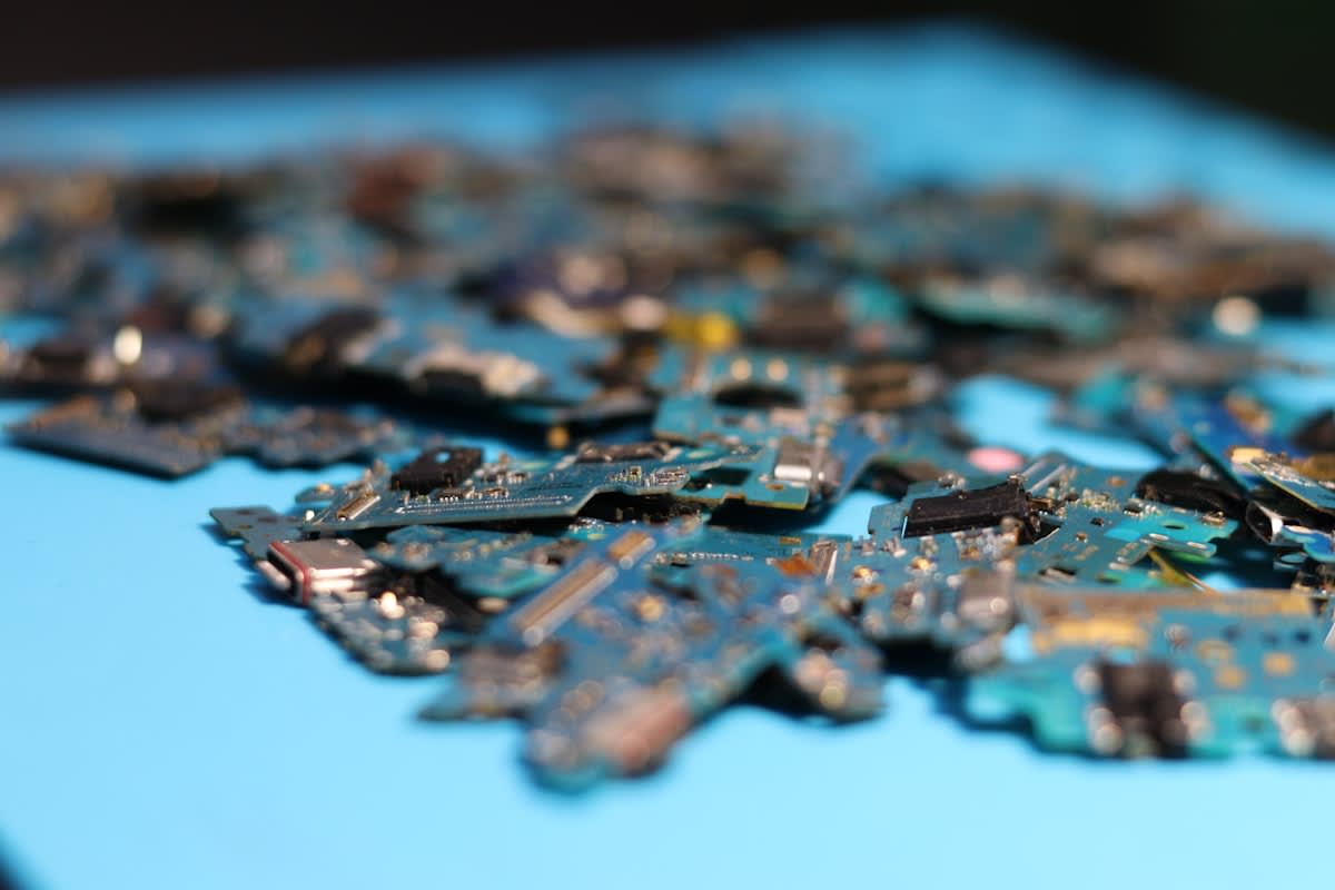 Close up of discarded circuit boards and electronic waste