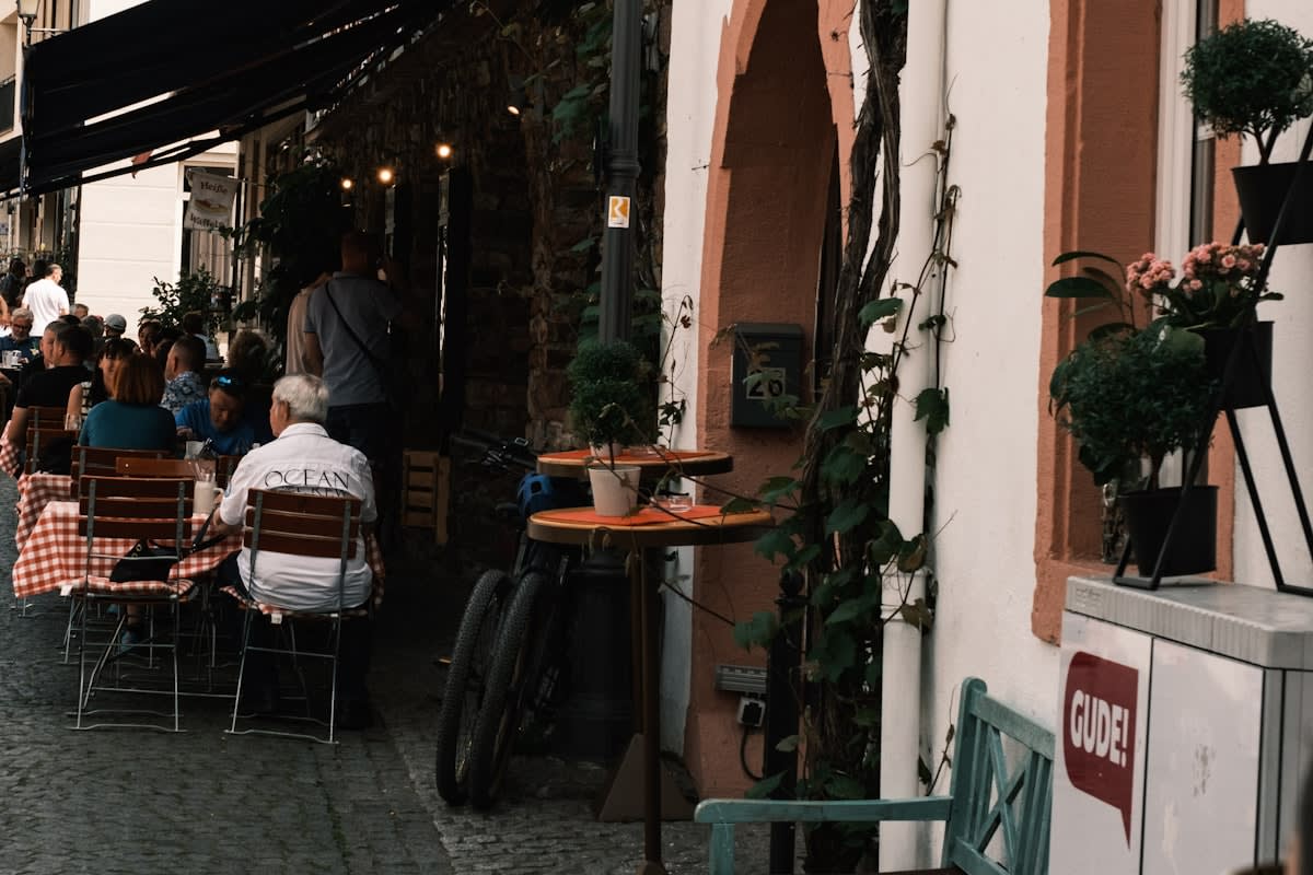 Minimalist modern cafe in a historic European district