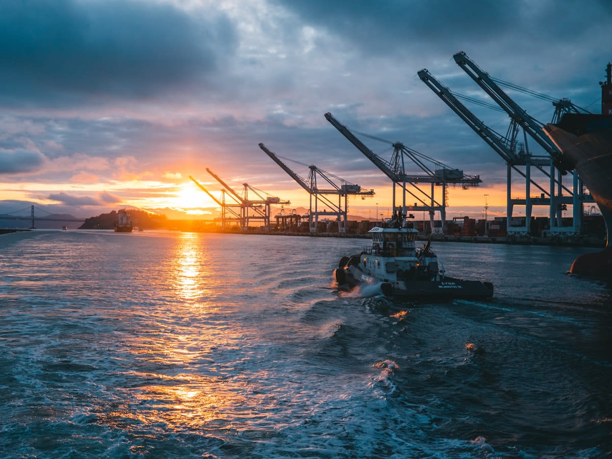 Modern automated shipping port with cranes