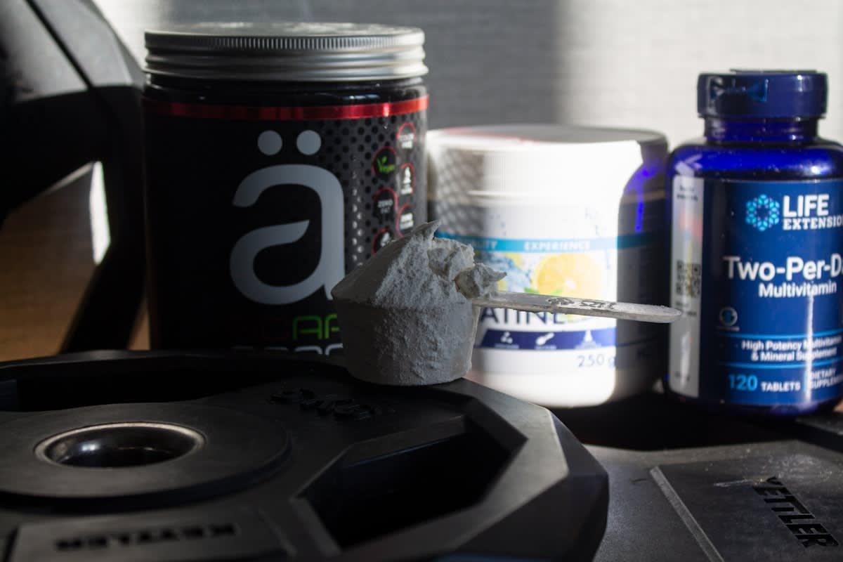 Close up of nutritional supplements and measuring tools