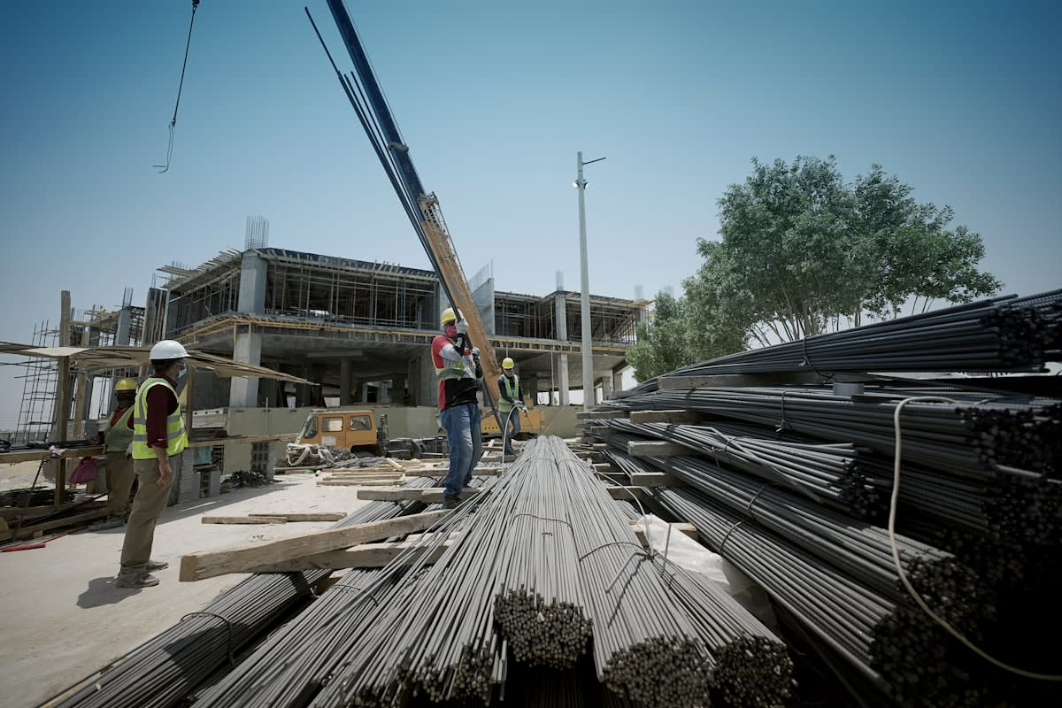 industrial steel beams and construction site
