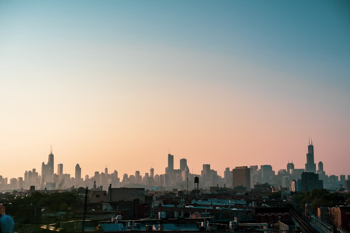A wide lens view of a modern city skyline