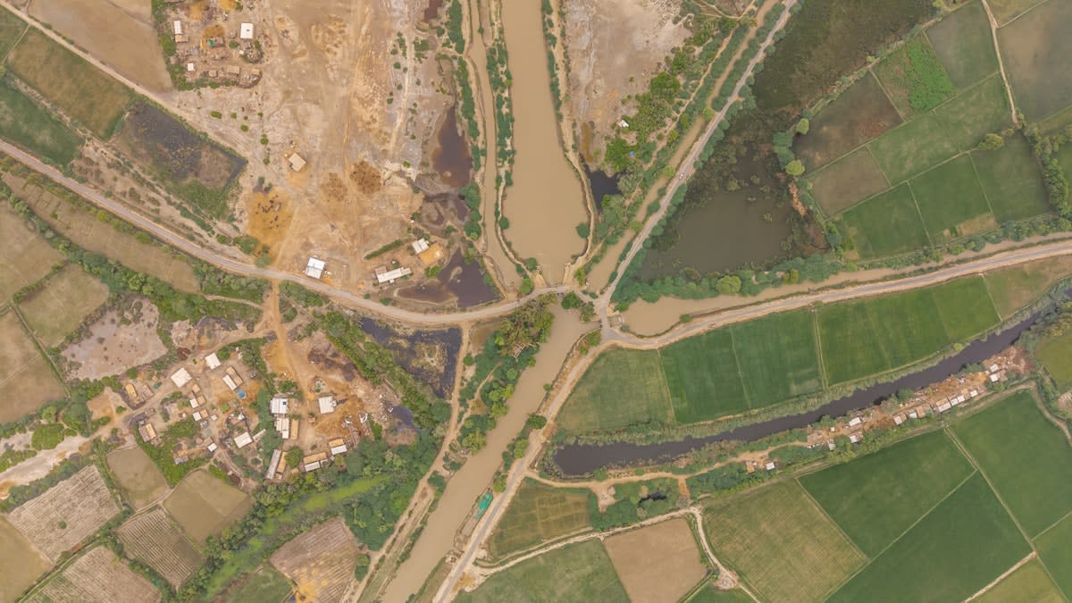 Aerial view of agricultural fields and water channels