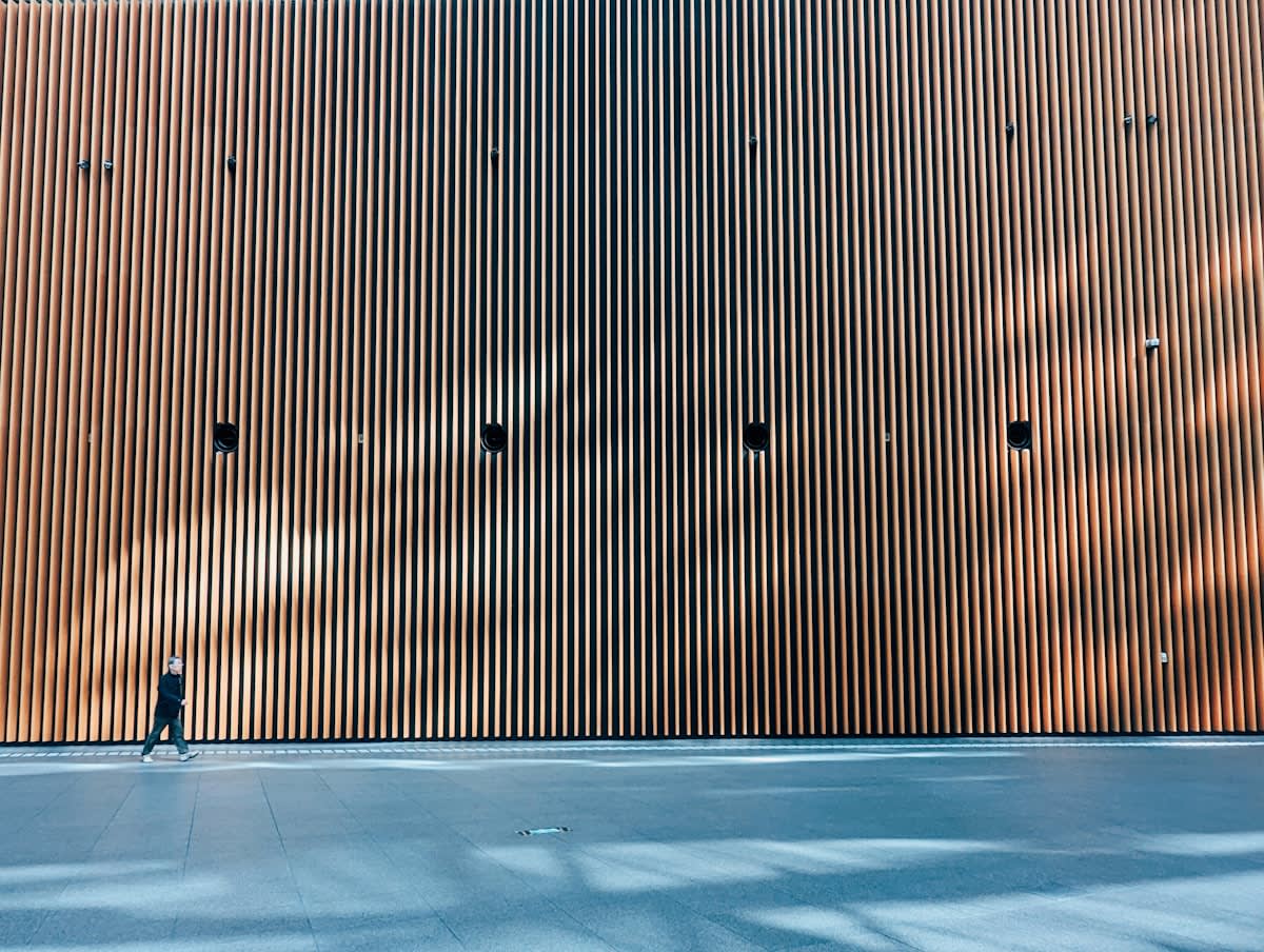 a person walking away from a complex maze