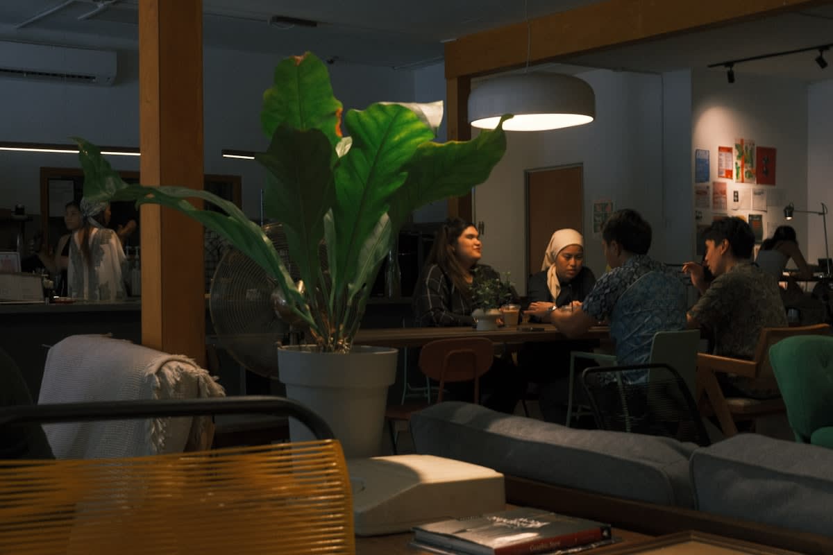 Diverse team collaborating in a relaxed environment