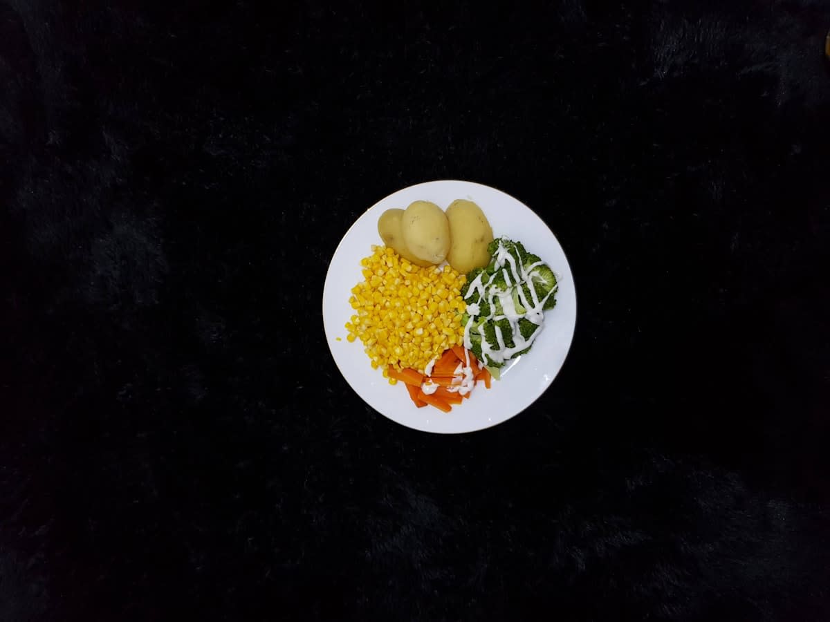 A beautifully arranged plate showing a sequence of vegetables, protein, and a small portion of grains