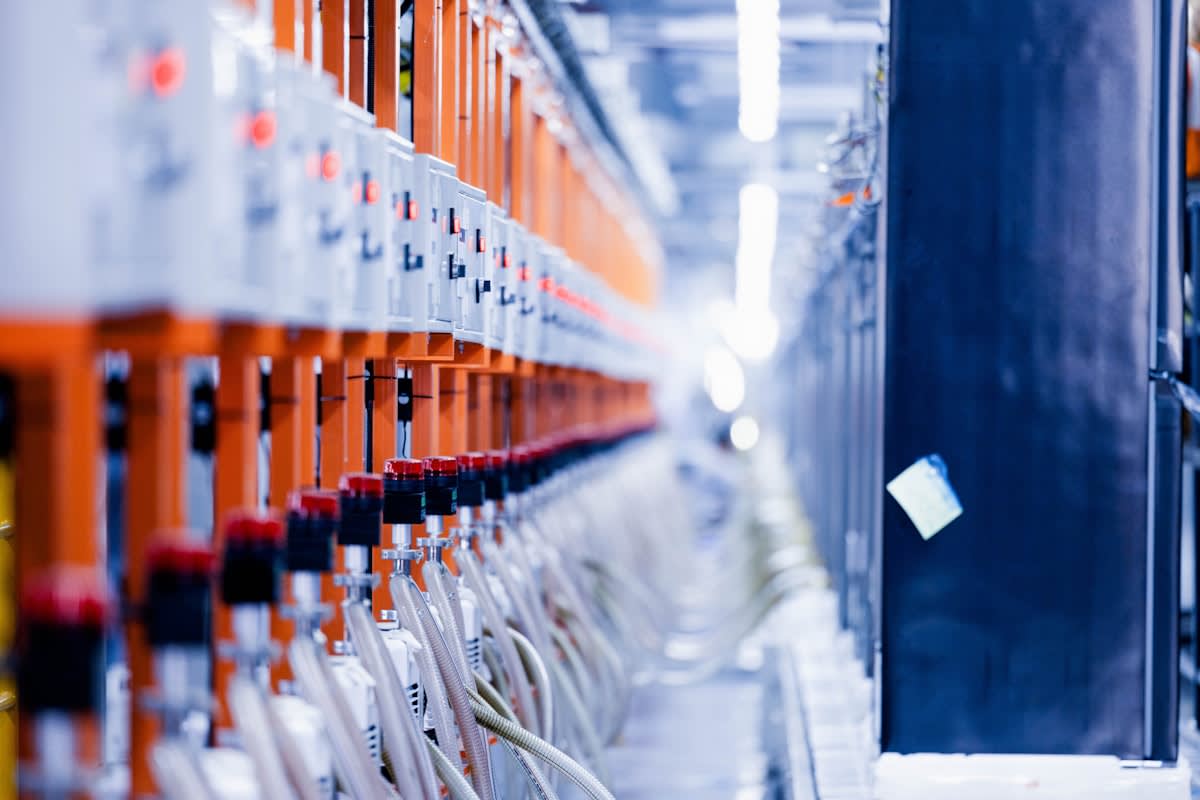 Close up of industrial battery cells in a factory