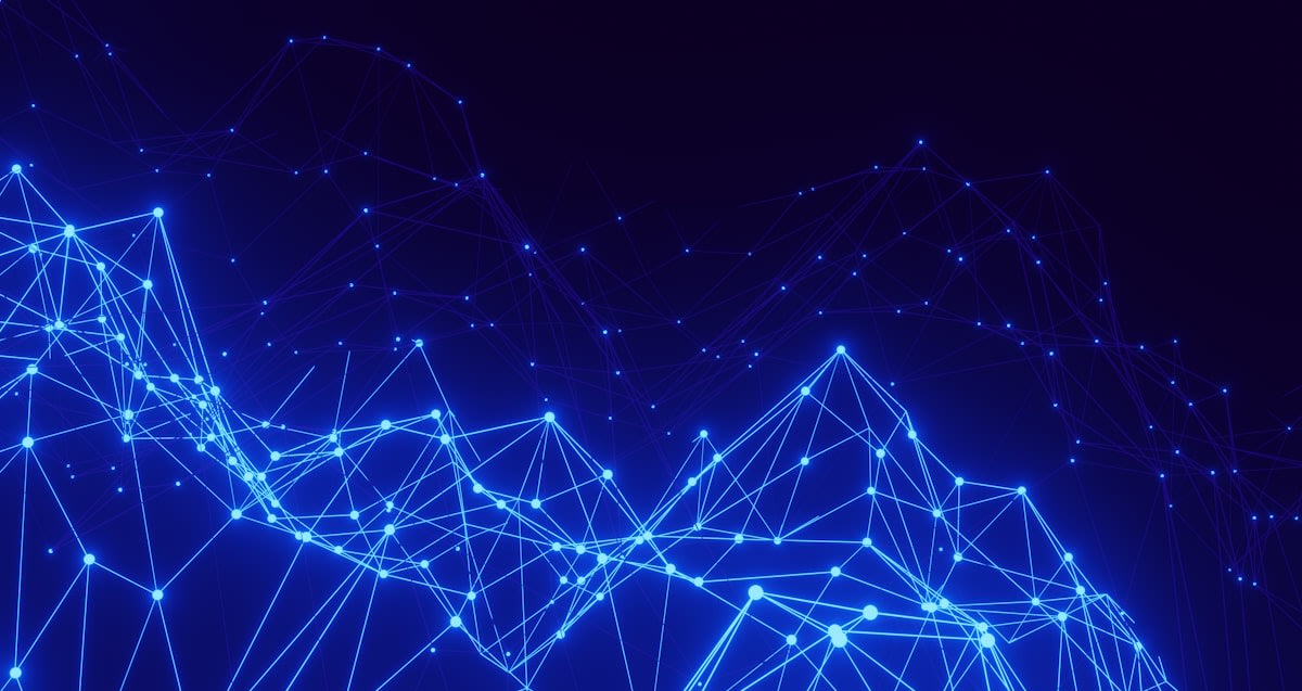 Abstract representation of interconnected neural networks and geometric shapes