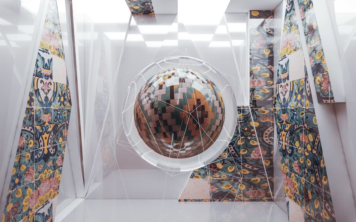 A conceptual image of a shattered glass sphere with different cultural symbols inside each fragment