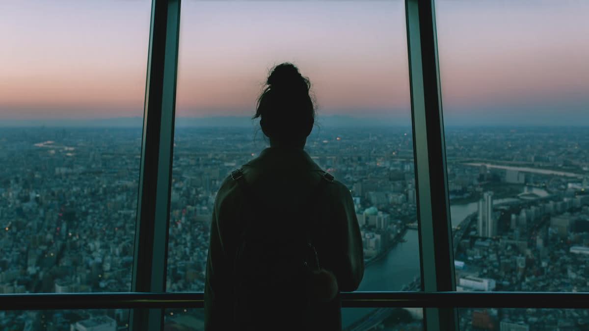 Person looking at a complex city skyline