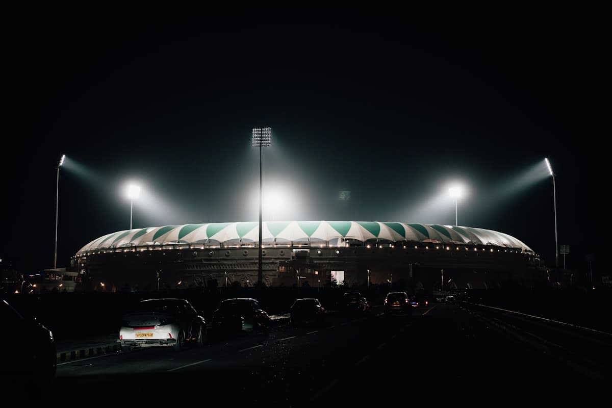 Stadium lights at dusk