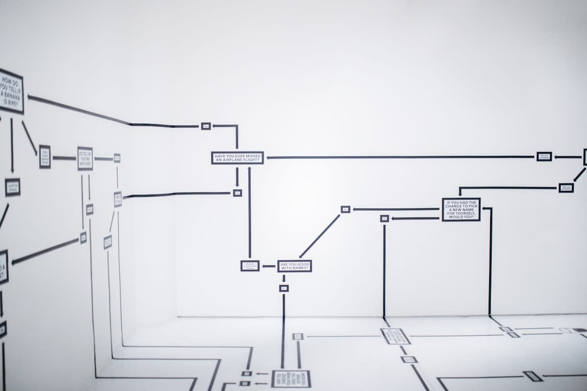 A complex system map showing feedback loops and interconnected nodes