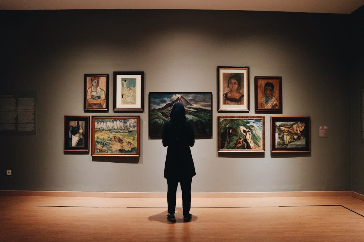 Modern art gallery with high-end paintings