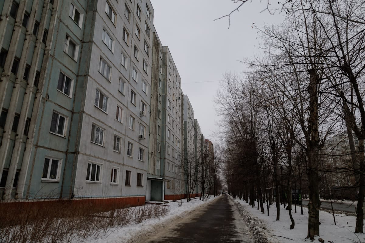 European city street with residential apartments