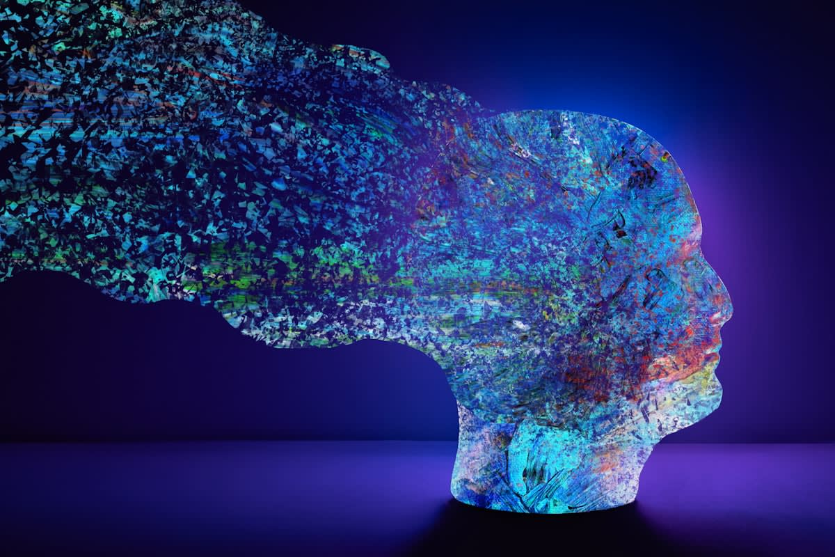 Abstract representation of a fragmented human mind with digital connections