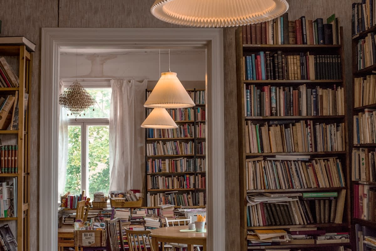 quiet library interior with high ceilings and books