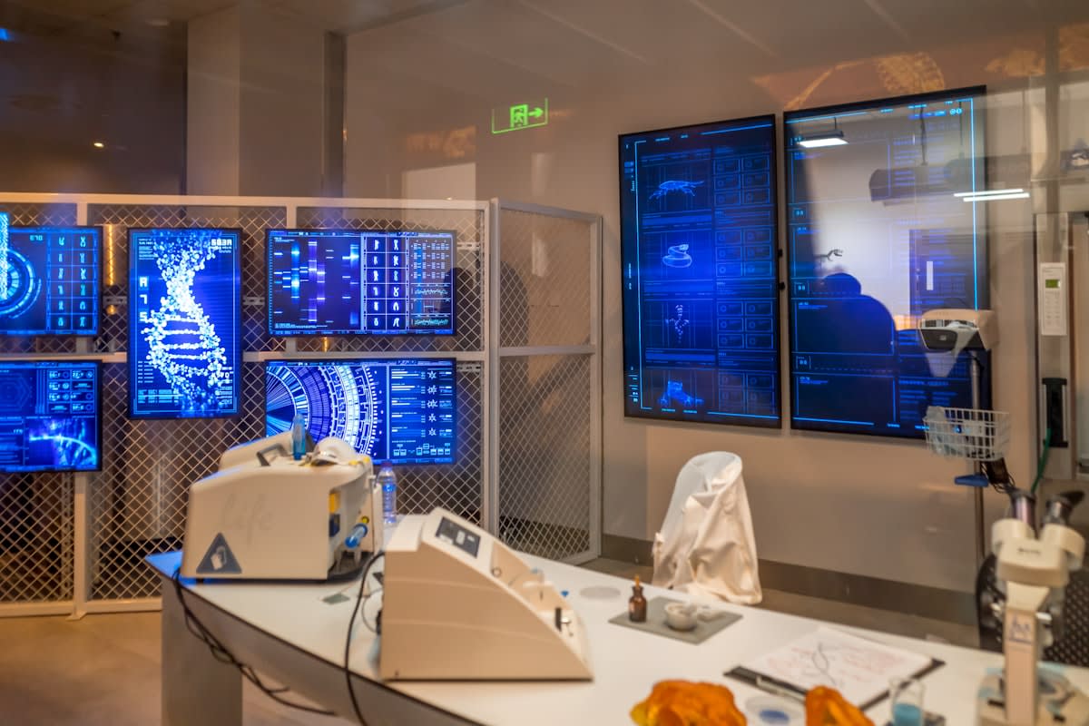 Futuristic laboratory with DNA sequencing and molecular models