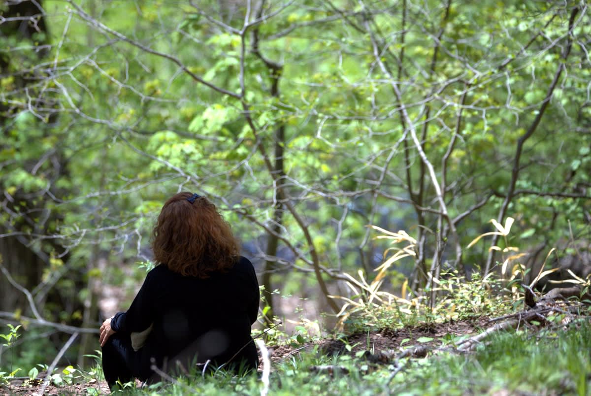 A person meditating in a quiet forest
