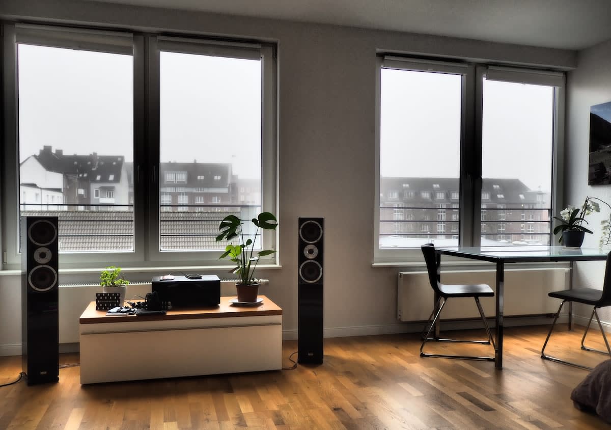 Modern soundproofed apartment interior with acoustic panels