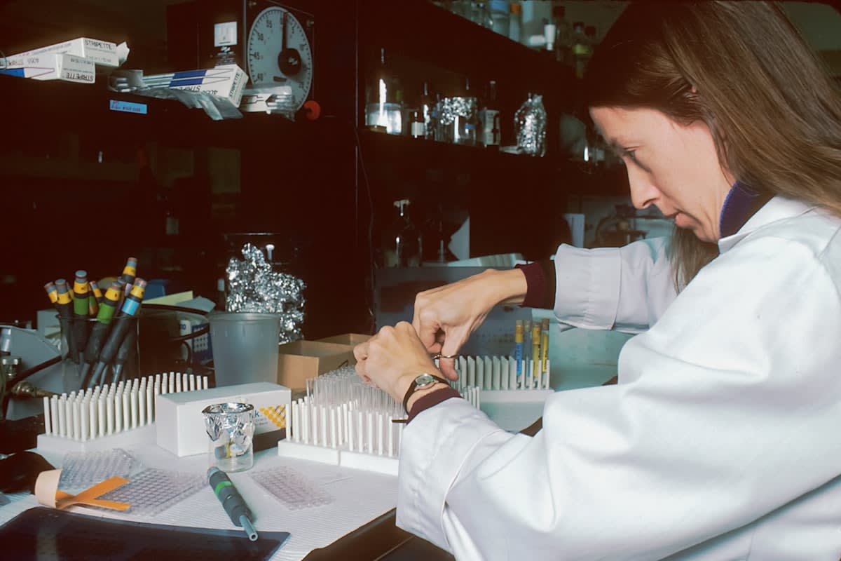 A professional looking at a clock and a biological chart