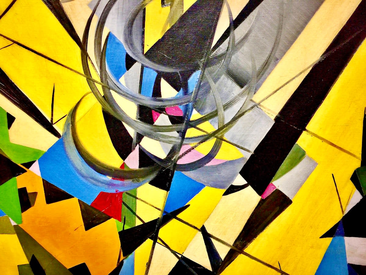 Abstract representation of a fragmented timeline with intersecting paths
