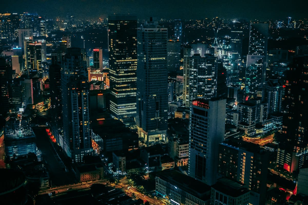 Neon city lights at night