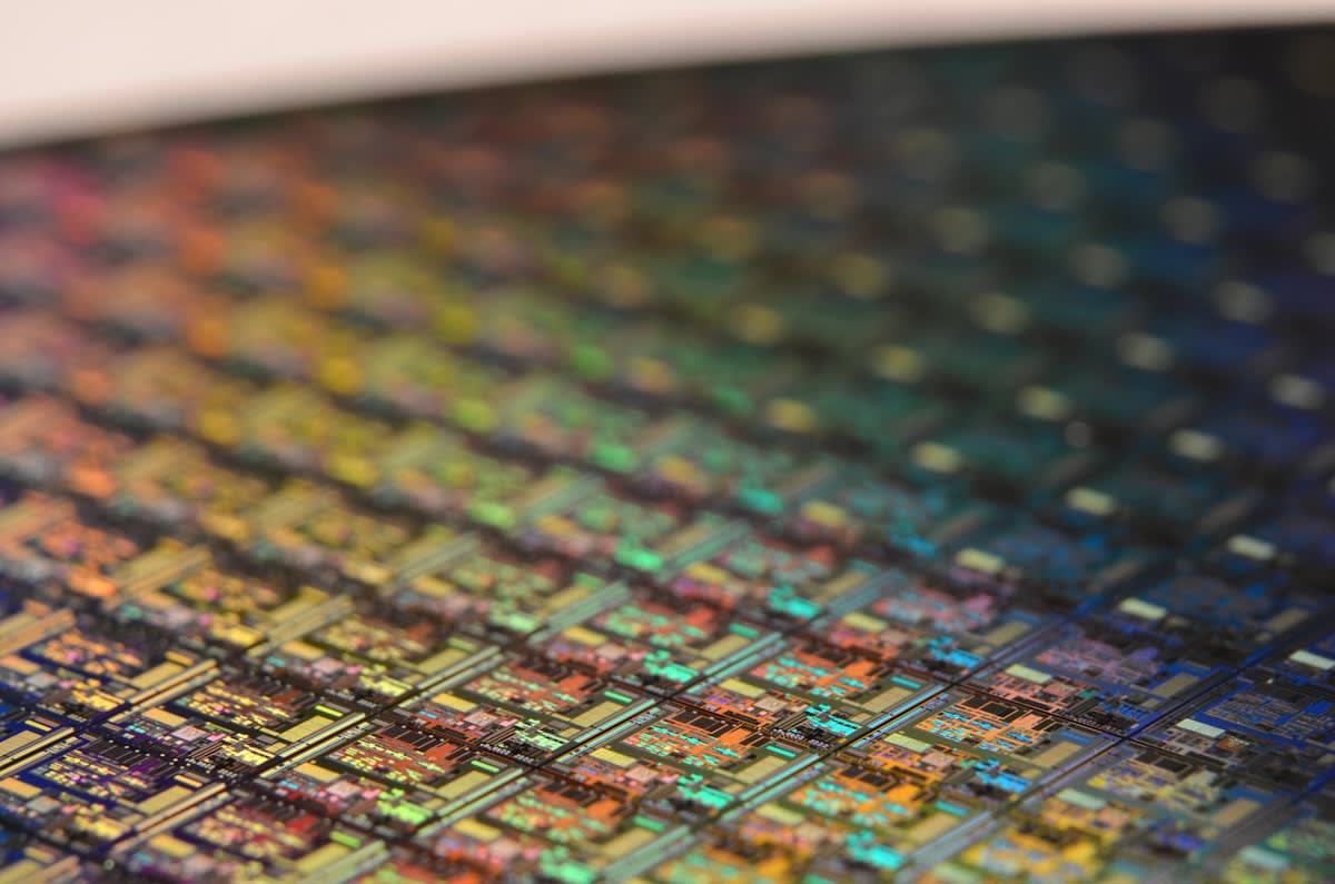 Close up of a silicon wafer and microchips