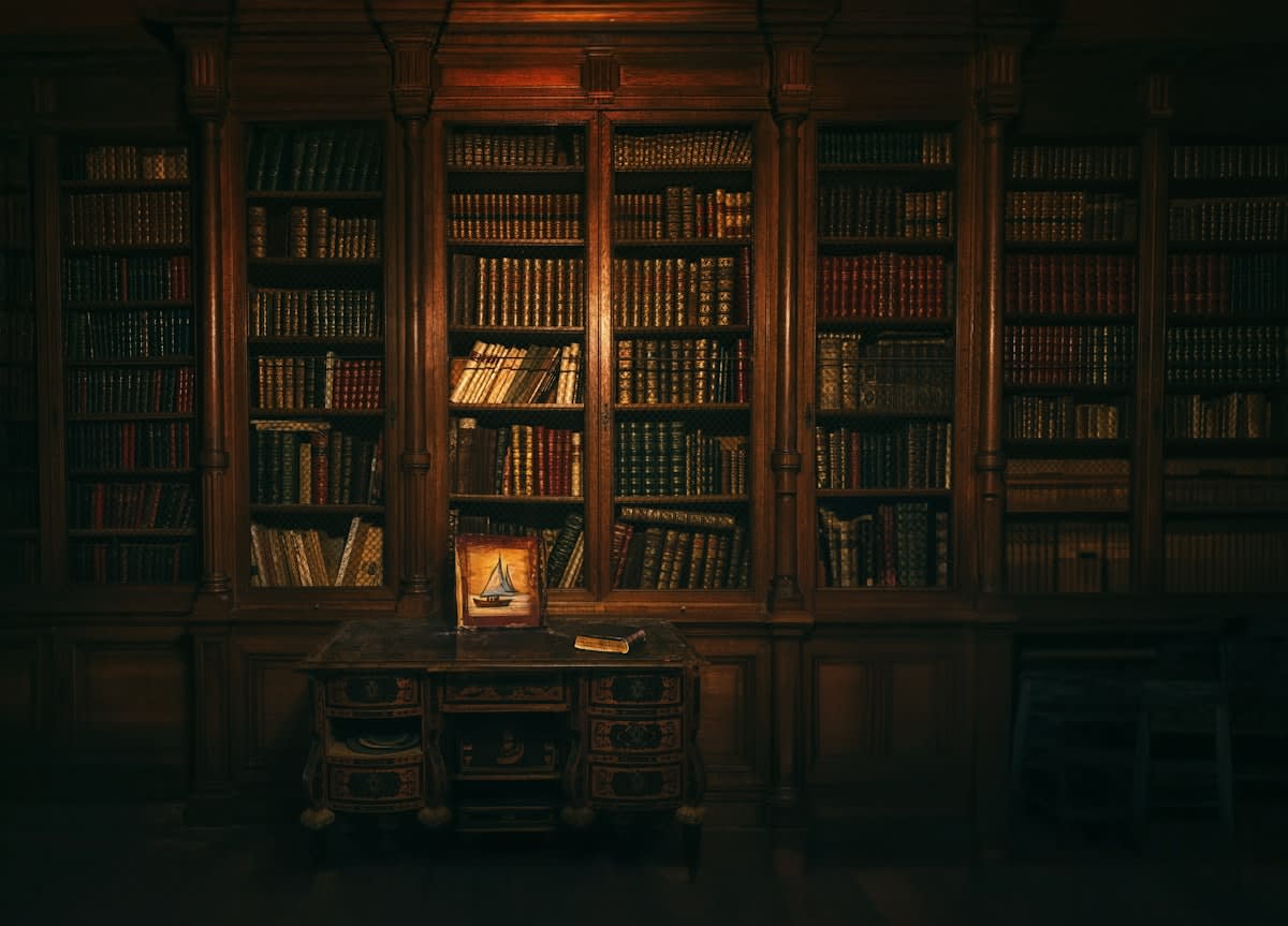 Old dusty library with ancient manuscripts