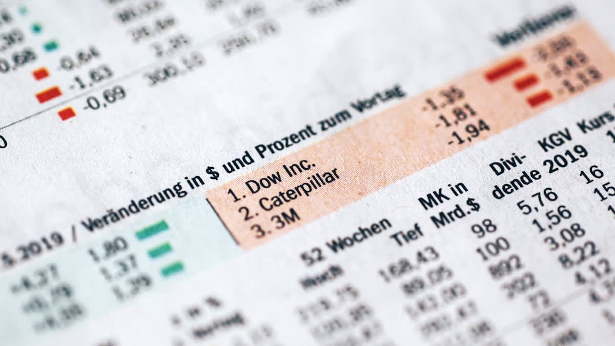 Close up of a financial spreadsheet with red and green cells