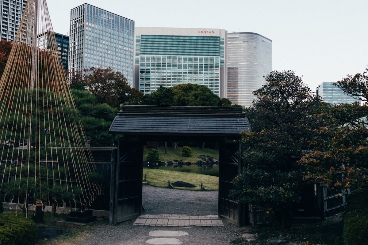 A small urban zen garden tucked between skyscrapers in Tokyo