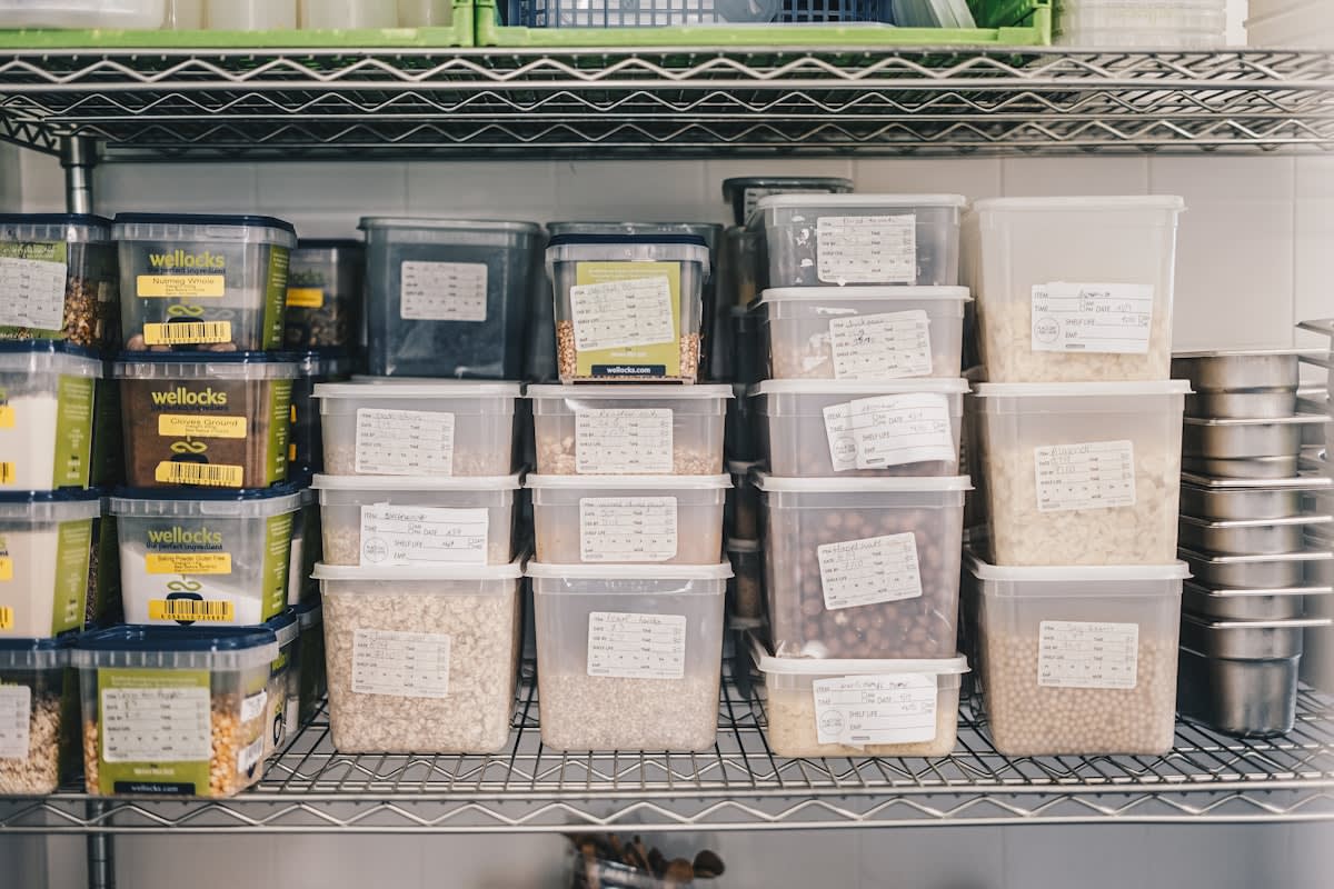 Close up of labeled food containers with dates