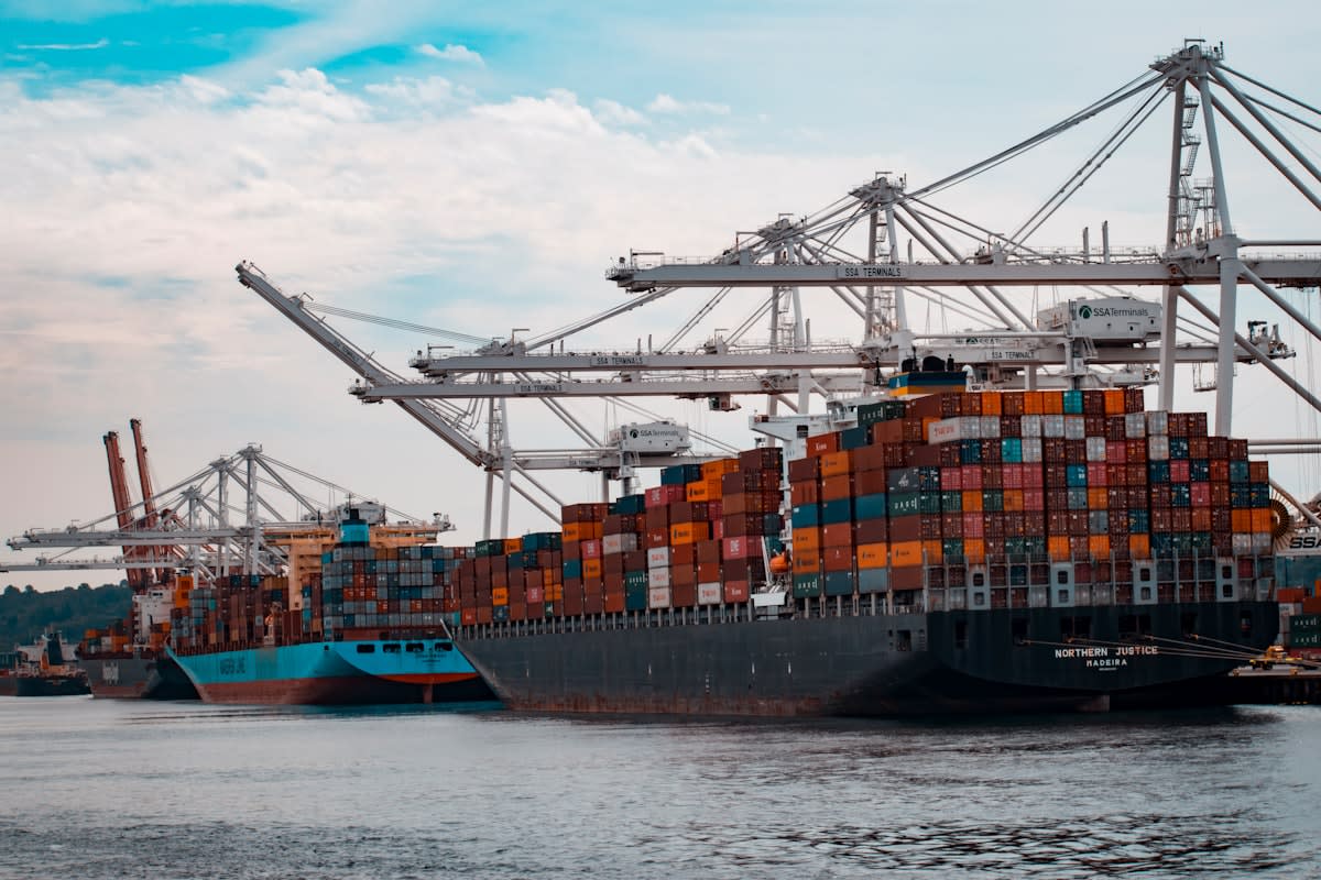 Container port with massive ships and cranes