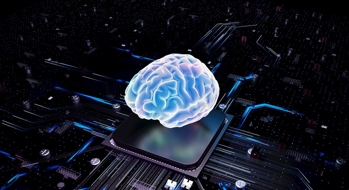 abstract representation of a human brain and digital circuits
