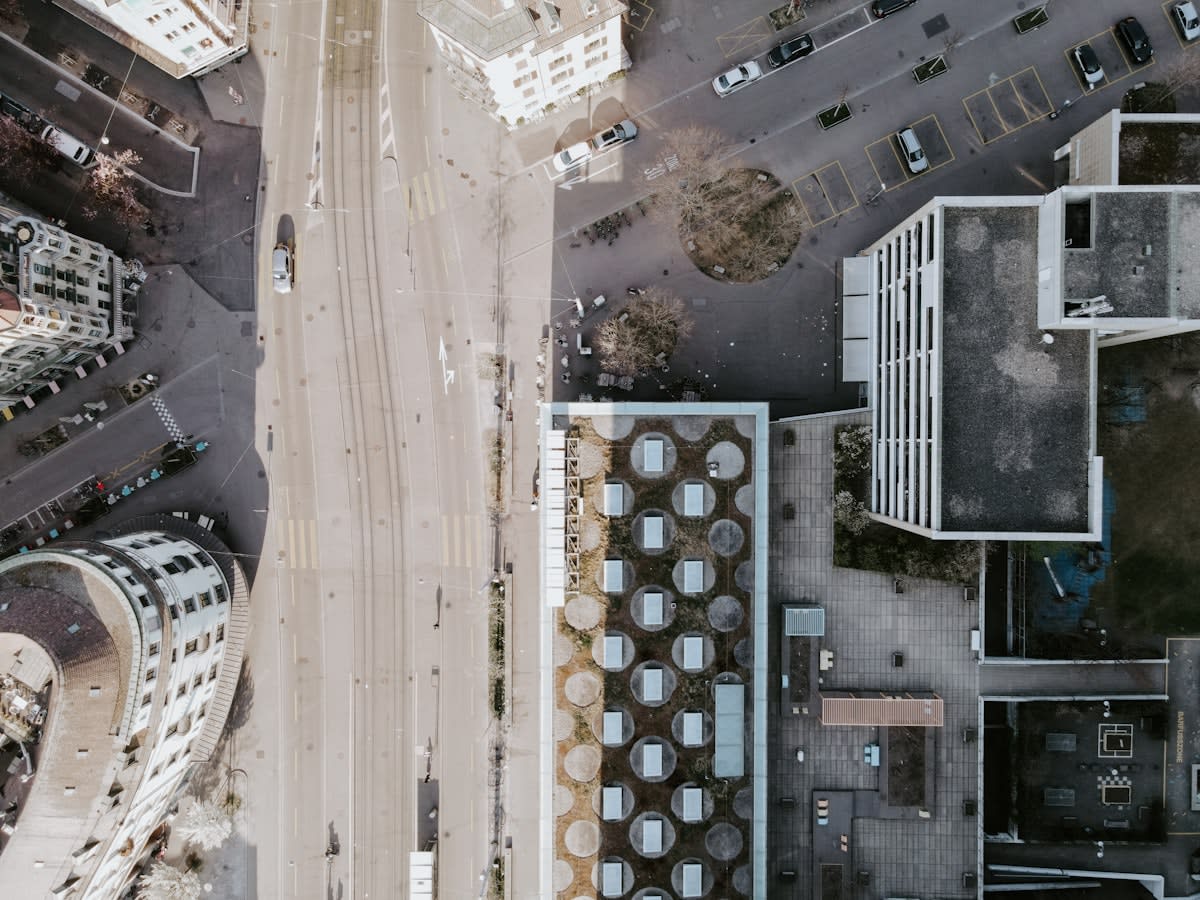 Aerial view of a modern European city street